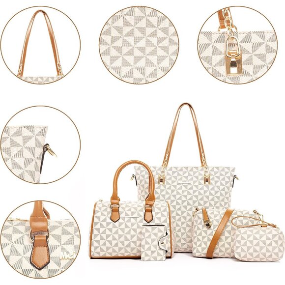 Fashionable 5pcs Handbag Set: Faux Leather Tote, Satchel & Clutch in Beige - Picture 4 of 6